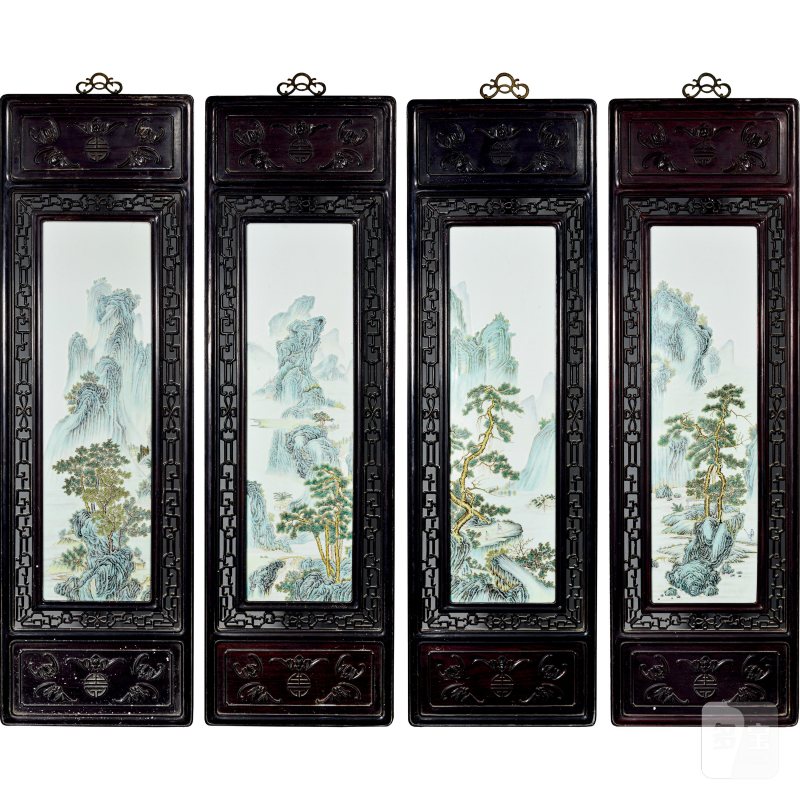 民国 粉彩山水花鸟四屏 - 图1